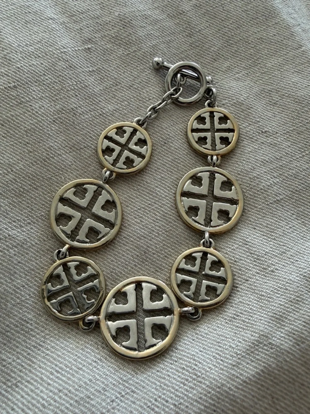 Gold/Silver Tone -Tory Burch costume jewelry 3 piece set. 2 bracelets/1 necklace - Picture 3 of 9